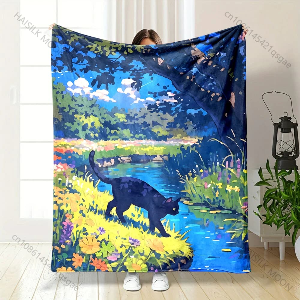 Coperta con stampa di gatto nero che esplora le fiori selvatici sul bordo del ruscello, calda, morbida e soffice, per bambini e adulti, per divano, letto, viaggi all'aperto, campeggio