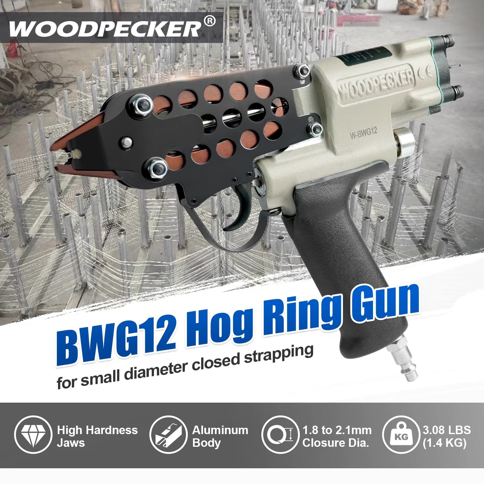 WOODPECKER BWG12 Pistola Pneumatica per Anelli di Chiusura Calibro 17, Diametro di Chiusura 1.8-2.1mm, per Gabbie, Recinzioni e Tappezzeria Automobilistica