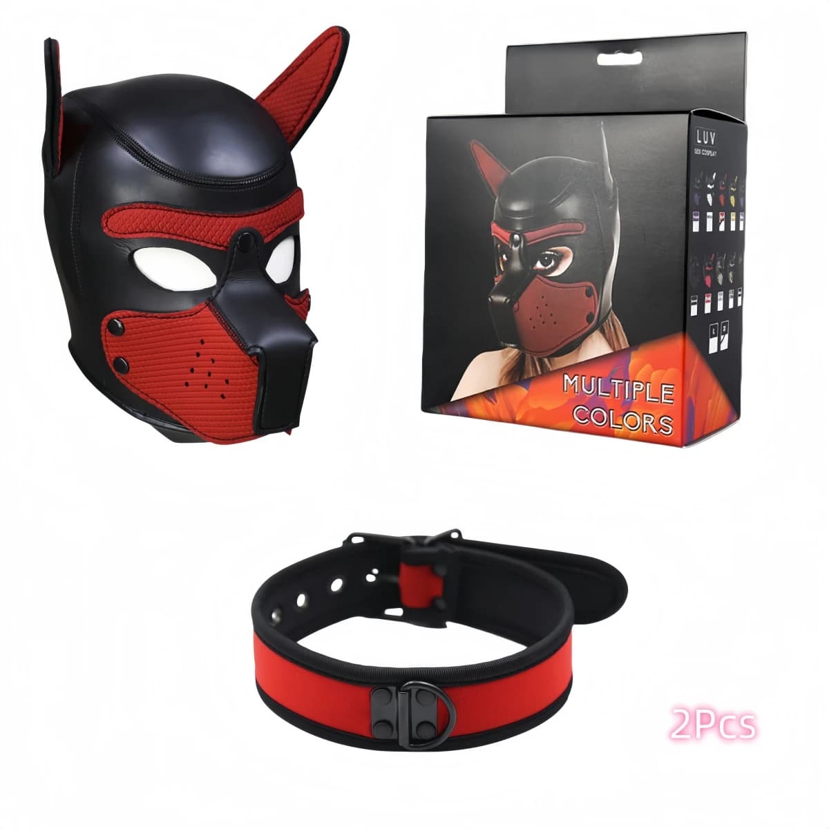 L/XL Full Face Dog Cosplay Mask with Collars Padded Rubber Masquerade Party Roleplay Costume Accessory for Halloween 2pcs