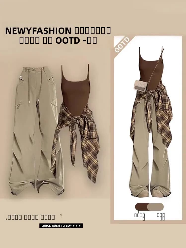 Completo da donna primaverile/estivo a tre pezzi: camicia a quadri con protezione solare, gilet con bretelle e pantaloni a vita alta, outfit casual alla moda.
