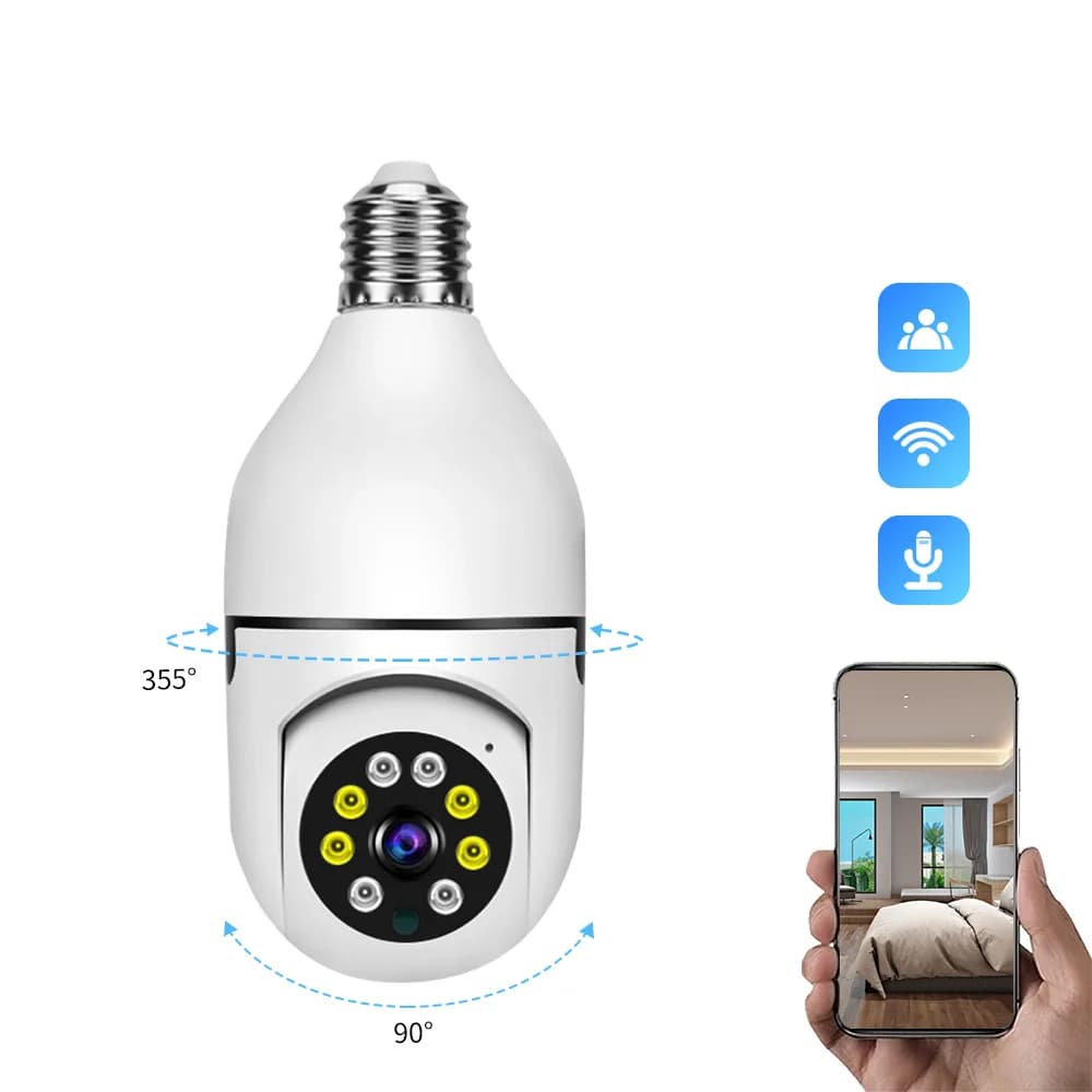 Telecamera di Sorveglianza E27 con Visione Notturna a Colori, Tracciamento Automatico delle Persone, Telecamera CCTV per Sicurezza e Monitoraggio Bambini