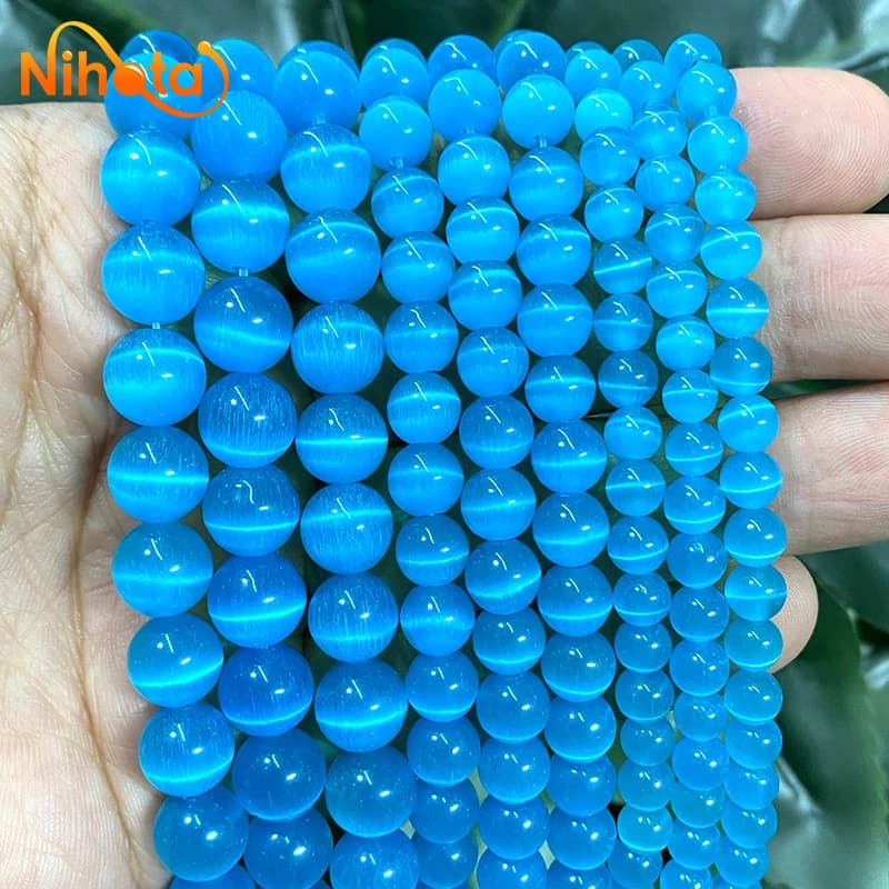 Natural Stone Blue Cat Eye Round Loose Beads 15" Strand 6/8/10MM DIY Bracelets Earrings Accessories for Handmade Jewelry Making