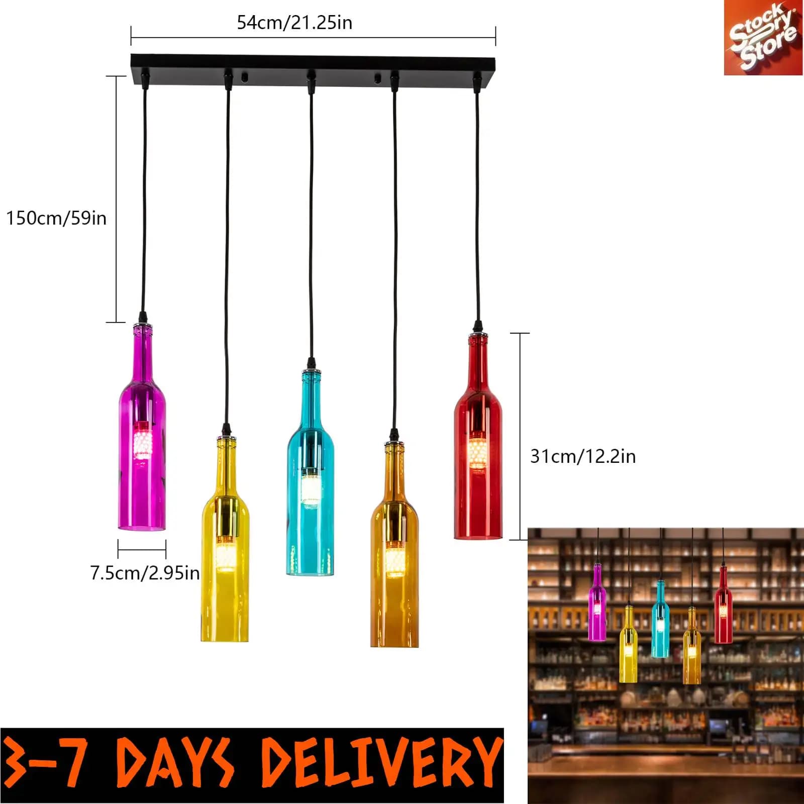 Lampadario a soffitto a 5 luci con bottiglia di vetro - Lampada a sospensione con bottiglia di vino colorata per bar ristorante cucina sala da pranzo