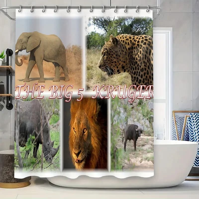 Tenda da doccia Big 5 Kruger Decorazione con stampa animalier africano per bagno Dimensioni personalizzate disponibili (Elefante Leopardo Rinoceronte Buffalo)