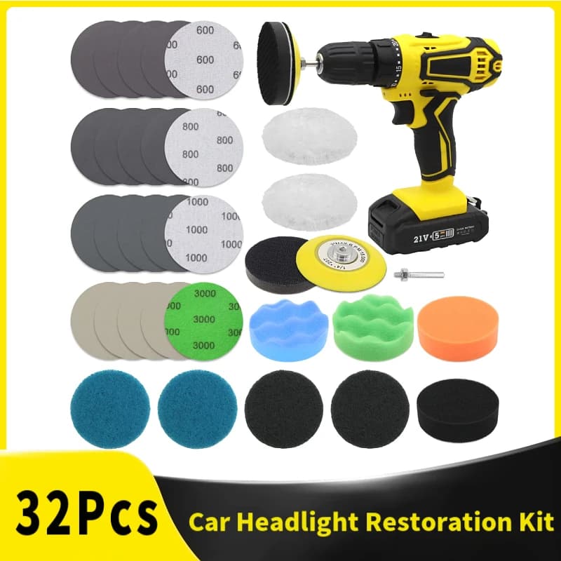 Car headlight repair kit, 3 inch abrasive discs with support plate, abrasive pad, wool pads with polishing sponge, 32 pieces
