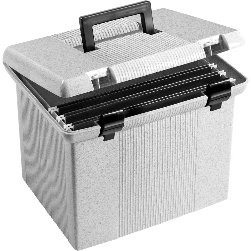 Scatola portadocumenti portatile con guide portadocumenti, coperchio incernierato con chiusura a doppia chiusura, granito, 3 cartelle sospese in formato lettera nera incluse