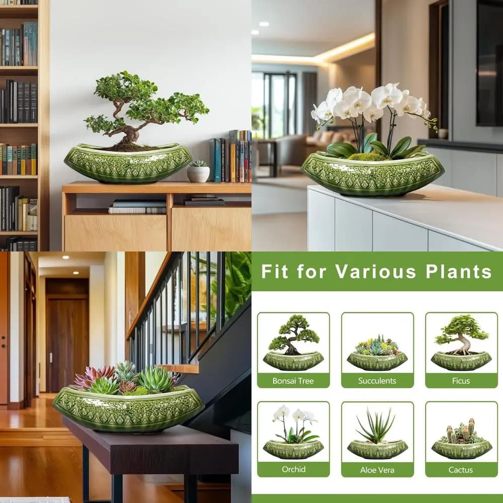 18 Inch Fat Plants with Drainage for Bonsai and Indoor Plants, Decorative Plants, Green