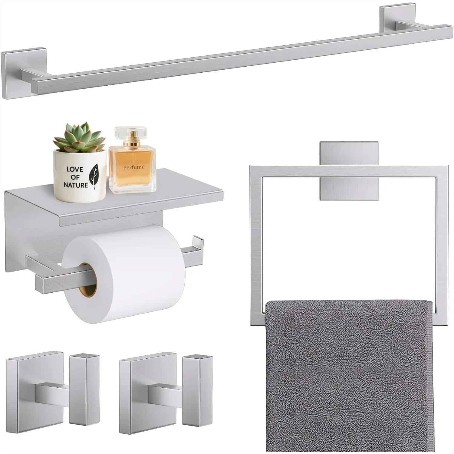 Set di accessori da bagno in nichel spazzolato da 5 pezzi, portasciugamani da 23,6 pollici, porta carta igienica con mensola, acciaio inossidabile