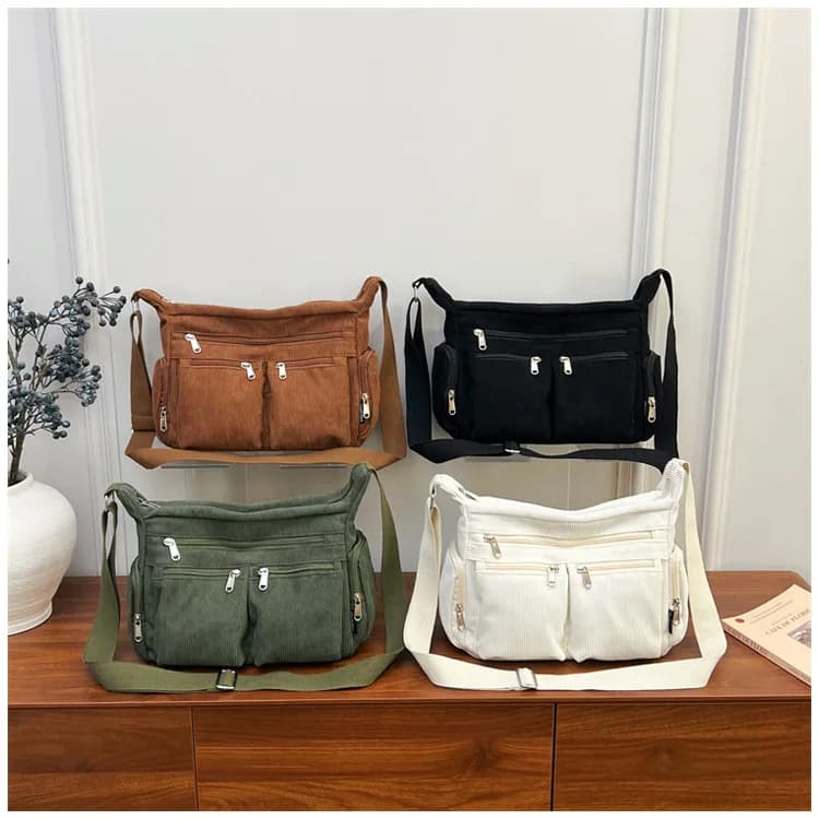 Borsa a tracolla da donna in velluto a coste a righe, semplice e multitasche, borsa a mano da studentessa per il college