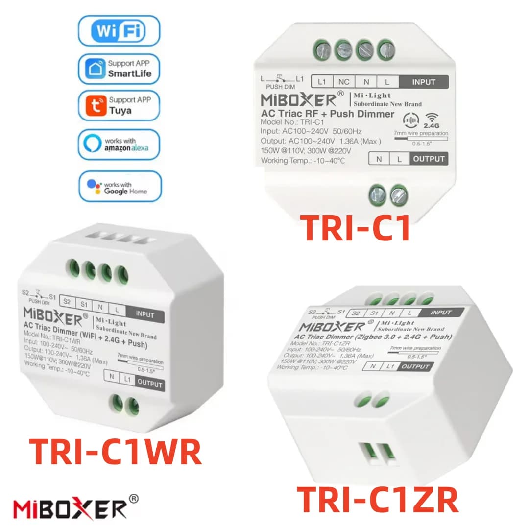 MiBoxer TRI-C1/ TRI-C1WR/ TRI-C1ZR AC Triac Dimmer RF Push Dimmer 110-240V App/Voce/LED bulb remote control