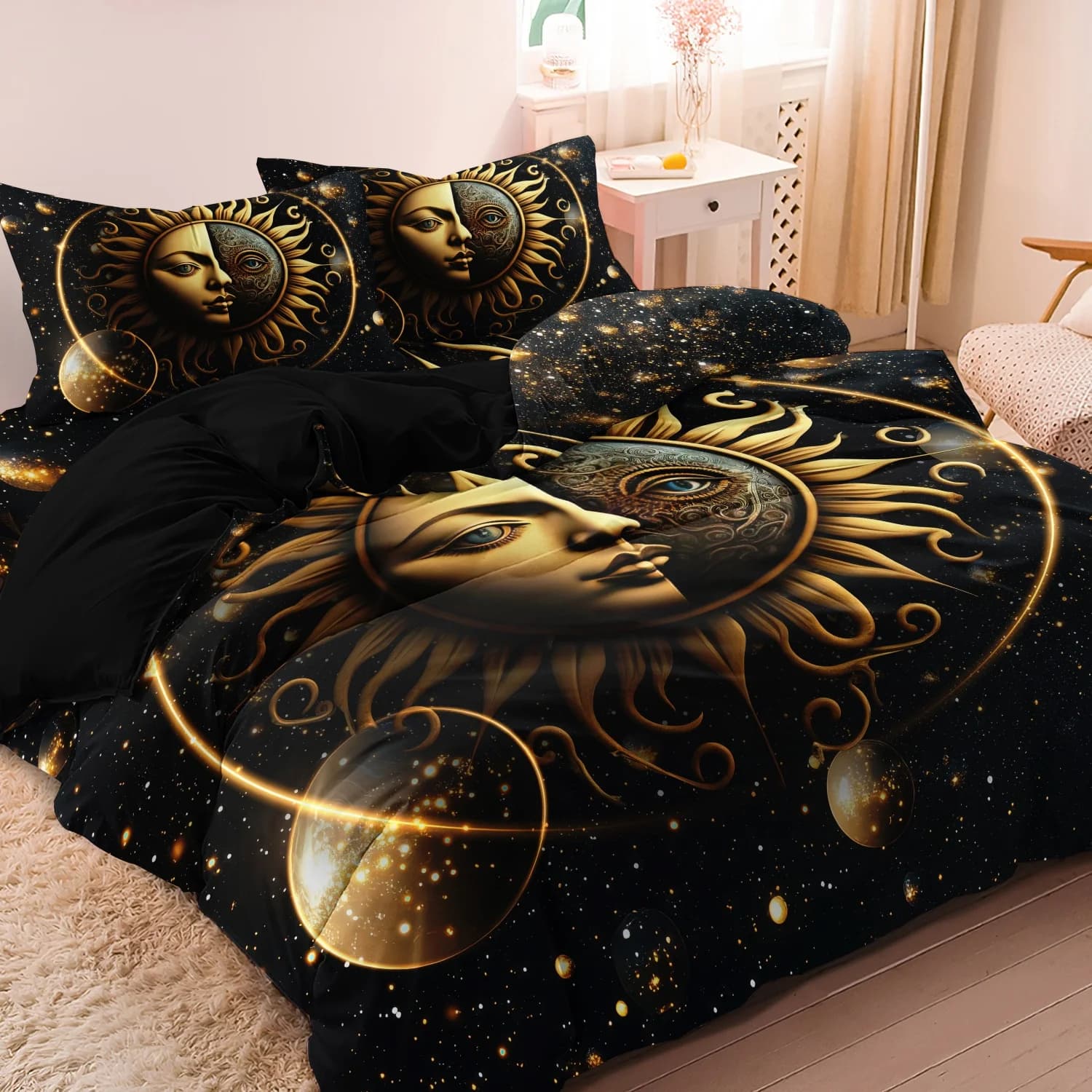 3Pcs Cosmic Galaxy Sun Moon Face Print Duvet Cover Bedding Set, Black Star Sky Golden Planet Celestial Astrology Pattern Bedding