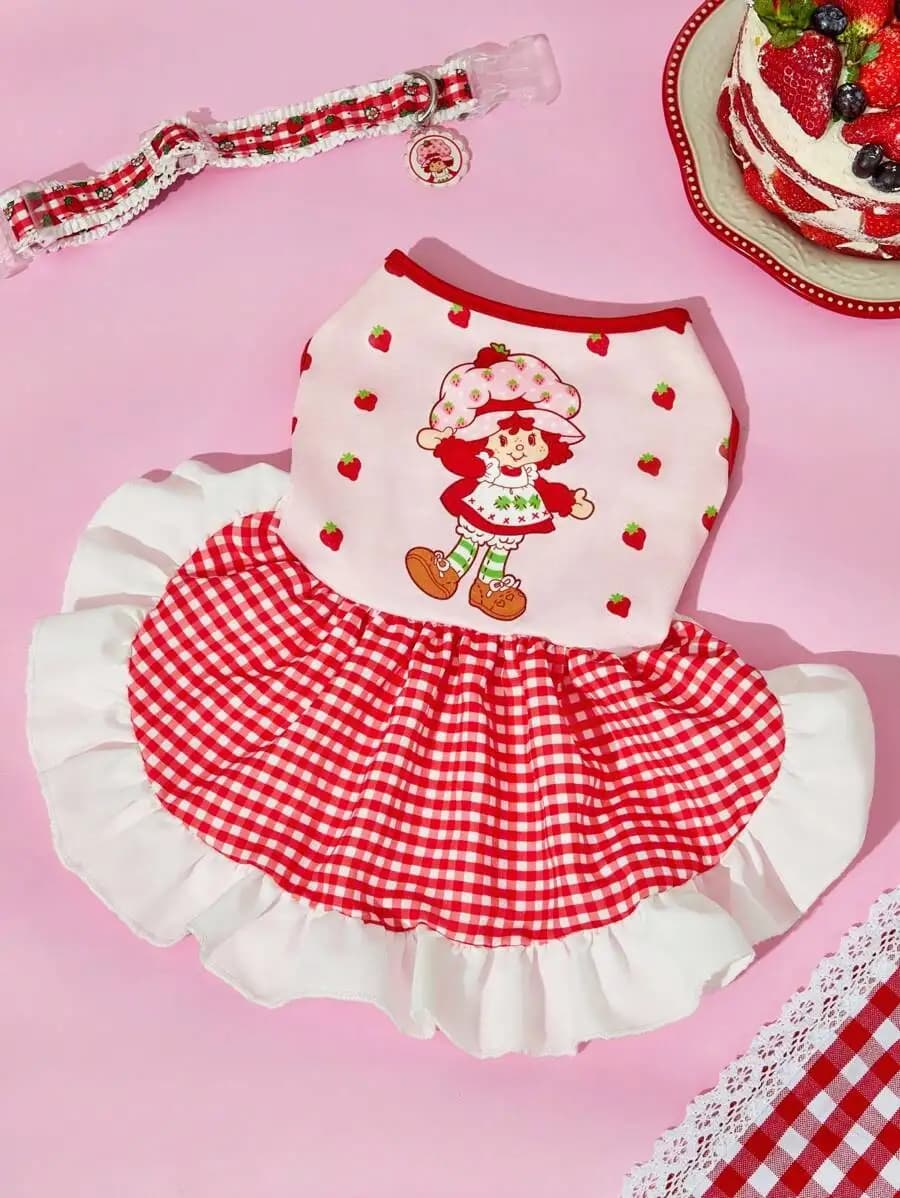 Vestito Rosso a Quadretti con Volant e Stampa Frutta per Animali Domestici, Stile Pettorina Regolabile per Gatti e Cani