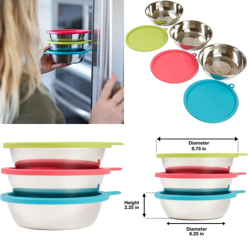 Set di 6 ciotole in acciaio inossidabile con coperchi in silicone colorati per cibo e acqua portatile per animali domestici