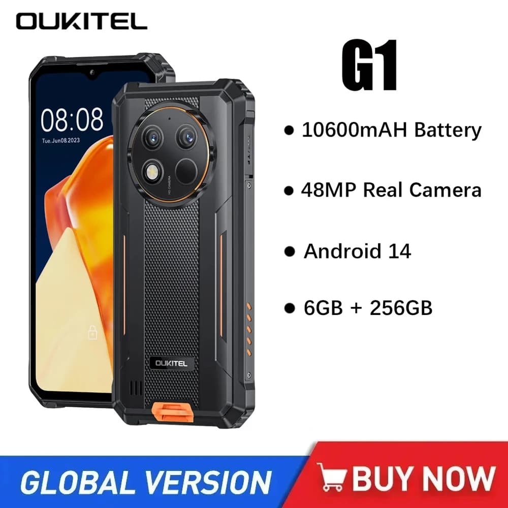 Oukitel G1 Smartphone Robusti 4G da 6,52 Pollici HD + Octa Core 6GB + 256GB Android 14 Telefono Mobile 48MP Fotocamera 10600mAh Batteria Grande NFC