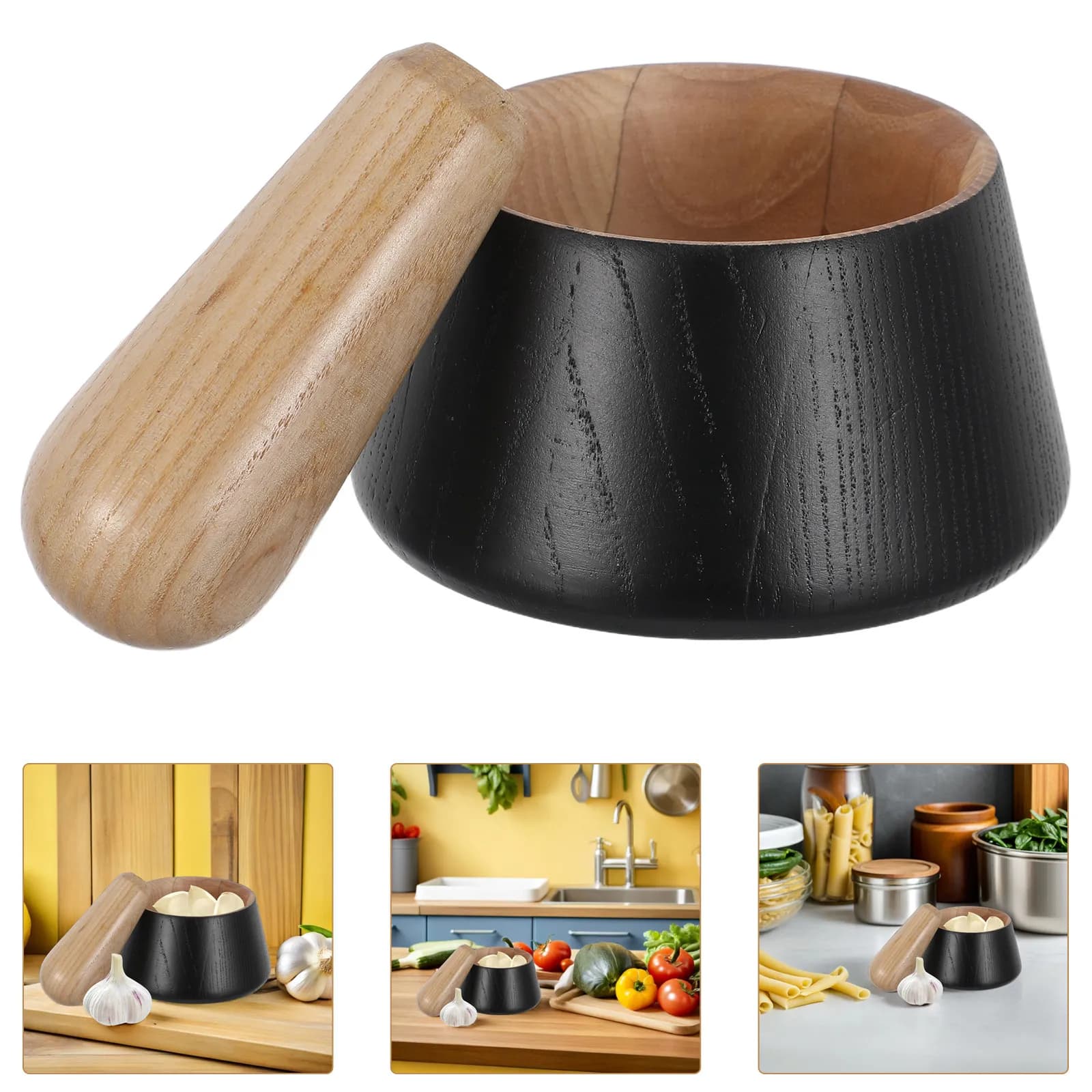 1Set Wood Mortar and Pestle Set Manual Garlic Masher Kitchen Spice Grinder Bowl Solid Wood Crusher for Garlic Ginger