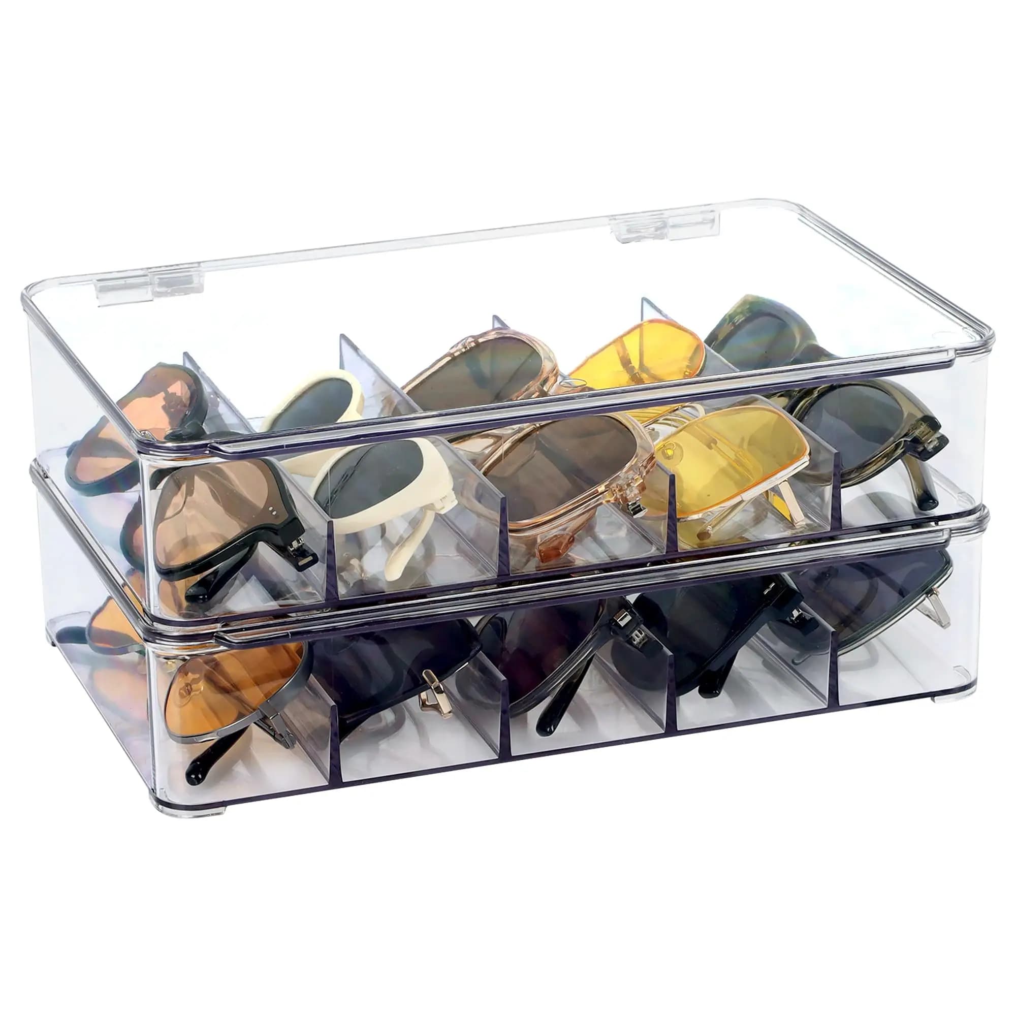 Organizer per occhiali da sole Custodia per occhiali impilabile in plastica Scatola portaoggetti in acrilico per occhiali da sole con coperchio incernierato Divisori per cassetti per occhiali