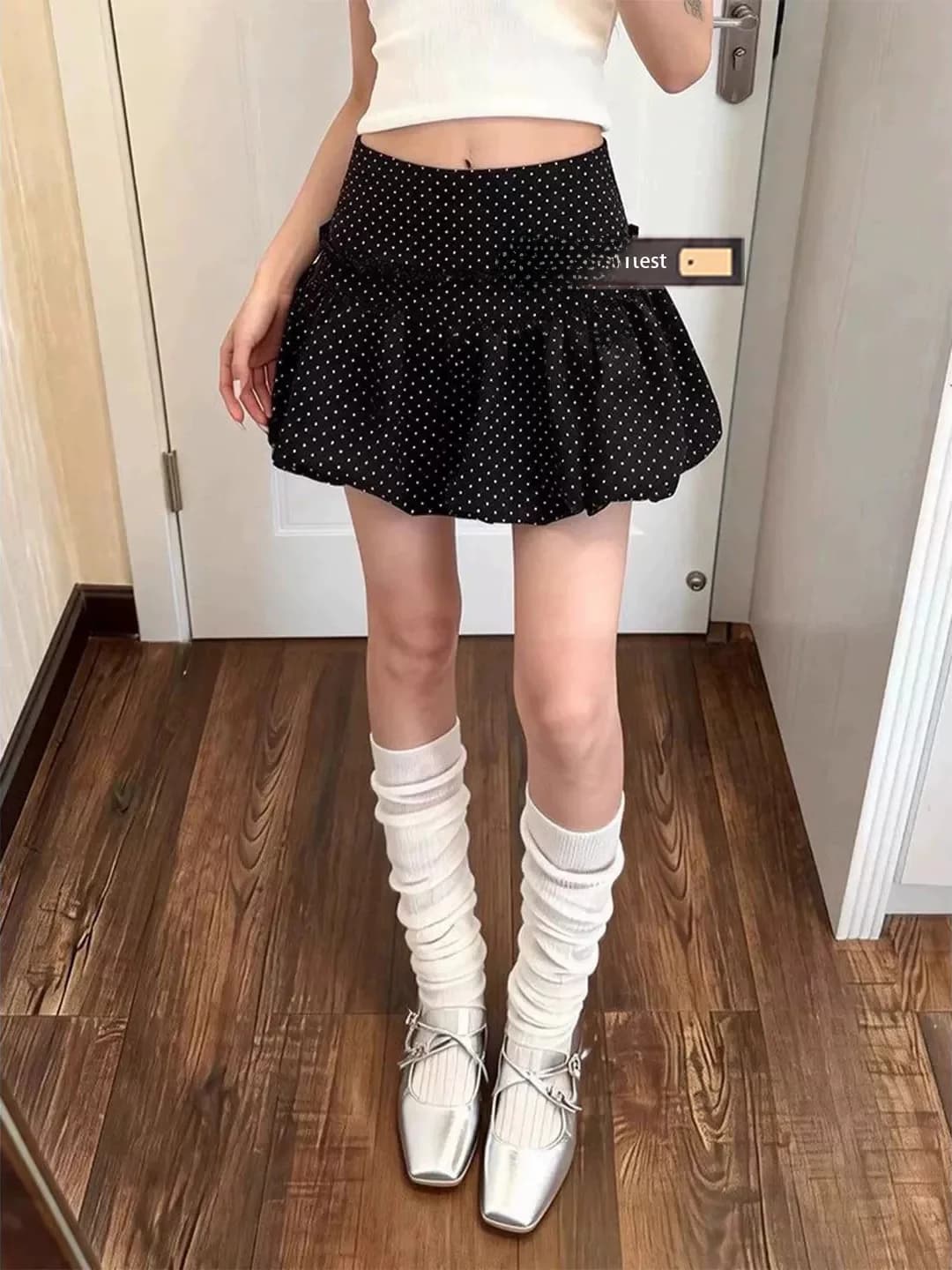 Black Polka Dot Flower Bud Skirt Short Women's Slim Fit A-Line Half Skirt Puffy Lantern Skirt Pants Summer Vintage Style