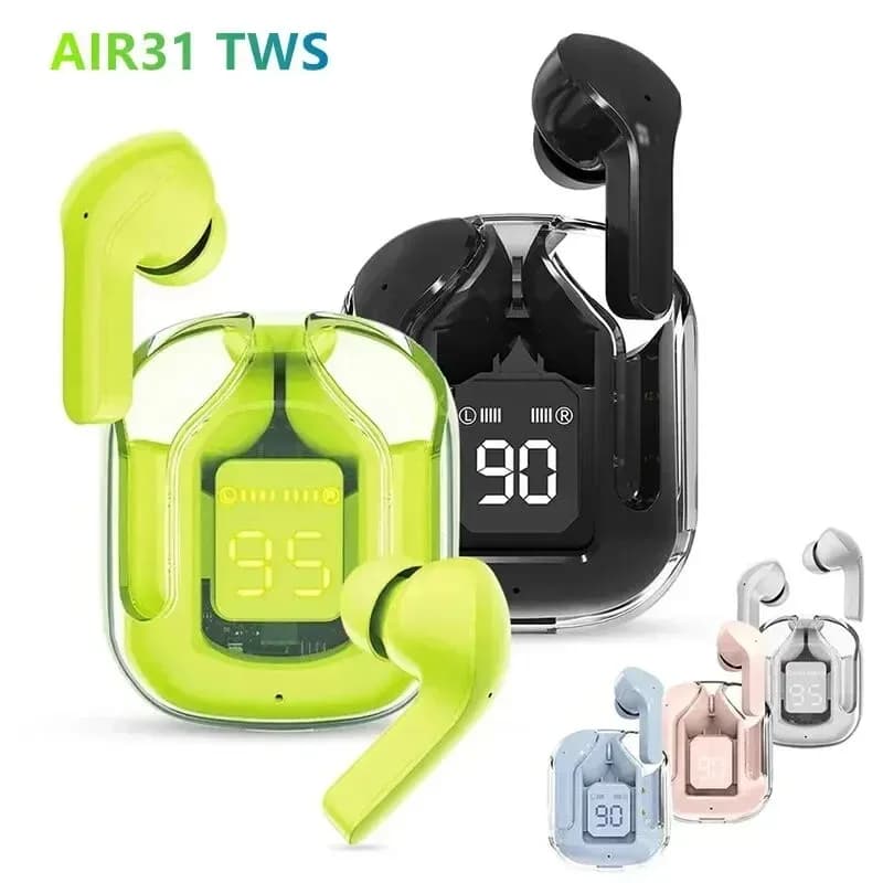 Auricolari Bluetooth Wireless Air31 con Display Digitale, Alimentazione Trasparente, Cuffie Stereo Binaurali per Musica e Sport con Bassi Potenti