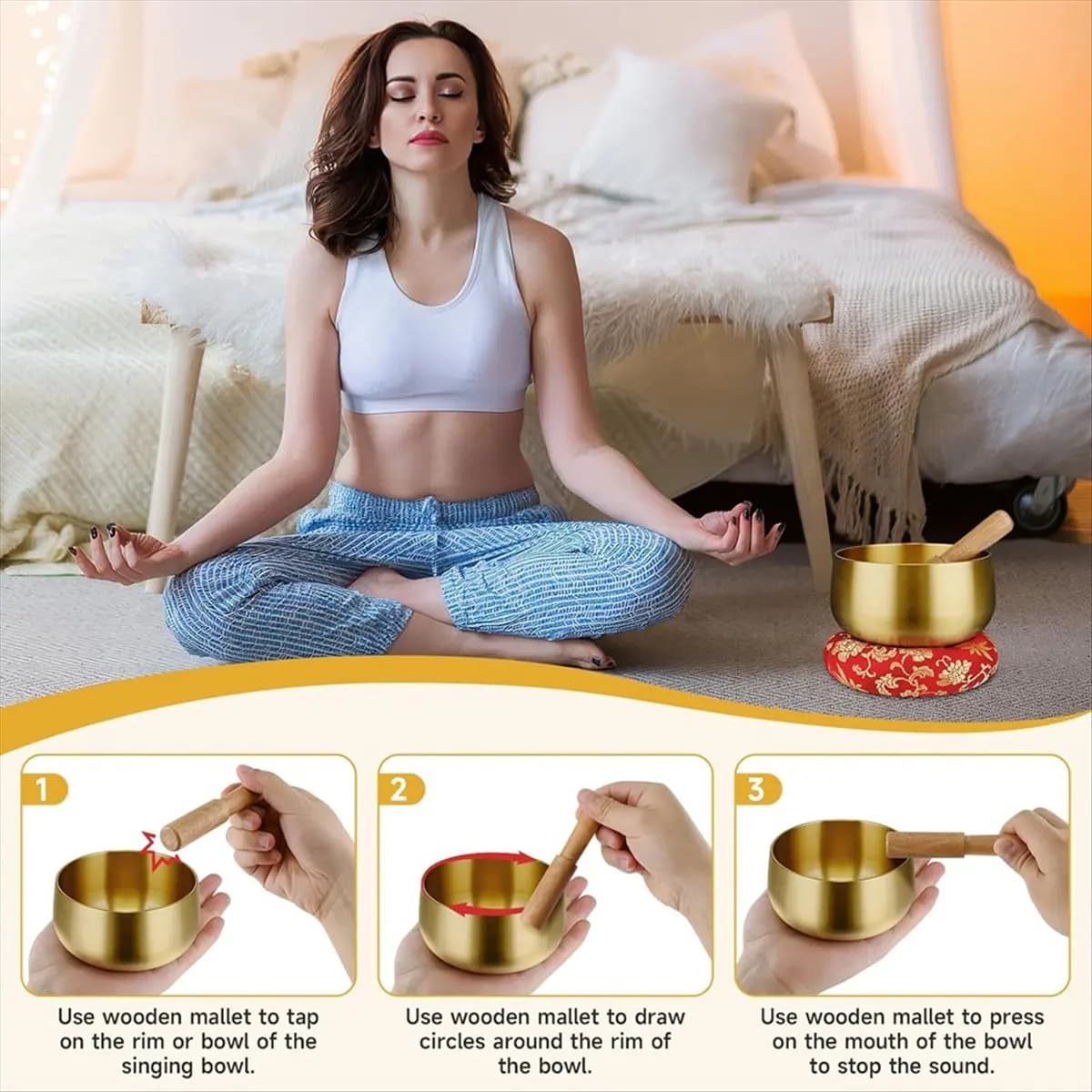 N14R Top Tibetan Singing Bowl Set - 4 Inch Sound Bowls with Wooden Mallet and Cushion, for Yoga, Chakra Healing, Stress Relief