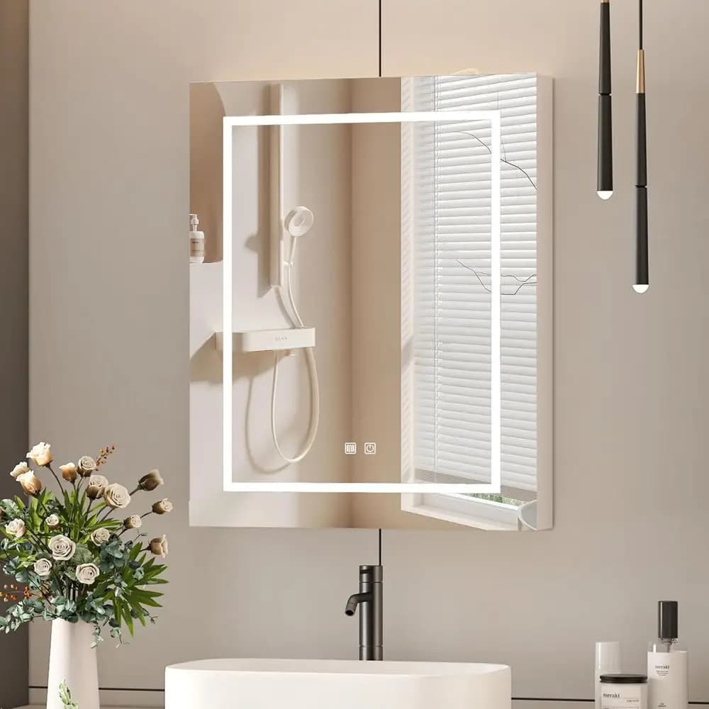 Armadietto a Specchio LED 24x30 con Porte USB, Specchio da Bagno a Parete, Dimmerabile e con Colore Regolabile