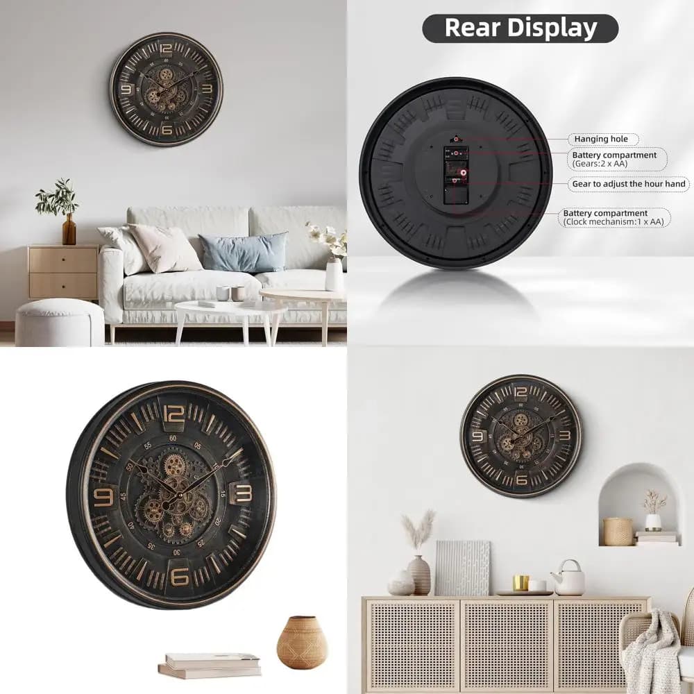 Vintage Wall Clock with Gears - Battery Powered, Bronze Metal Steampunk Style, Suitable for Home, Office, Fireplace, Farm