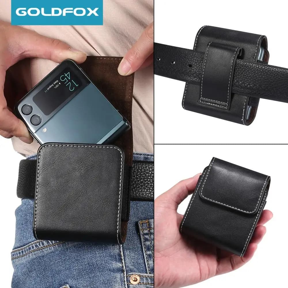 Leather Belt Clip Case Men Waist Bag For Samsung Galaxy Z Flip 5 4 3 5G OPPO VIVO Huawei P50 Pocket Holster Pouch Leather Cover