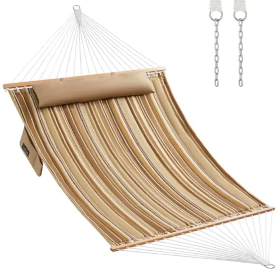 Double Quilted Fabric Hammock with Hardwood Spreader Bars and Pillow 450 LBS Capacity 2 Person Large Hammock for Outdoor Patio