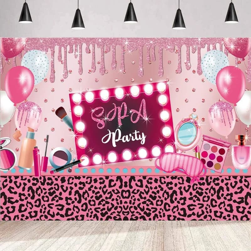Spa Party Make up Fondale fotografico Rossetto rosa Palette di ombretti Glitter Spot Diamond Sweet Girls Sfondo Poster da parete