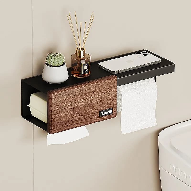 Vintage Walnut Bathroom Toilet Paper Holder Wall Mounted Tissue Rack Storage