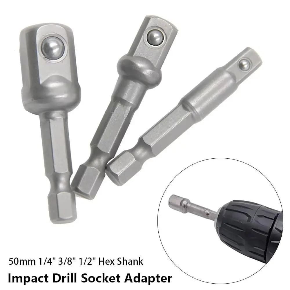 Set di 3 adattatori per punte a bussola con codolo esagonale da 1/4", 3/8", 1/2" in acciaio al cromo vanadio, prolunghe per punte da trapano da 50 mm