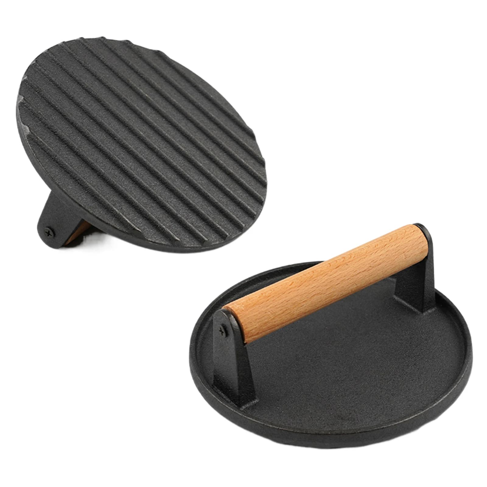 Round plate for pressing meat with wooden handle Small bacon press Chestnut pan for burger pan