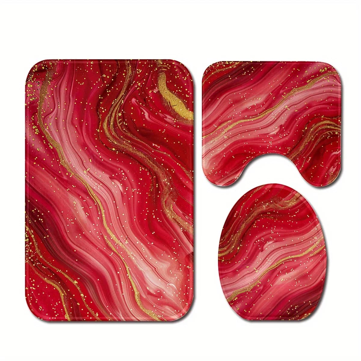 Set Tappeti Bagno in Marmo Rosso Oro 3 Pezzi, Motivo Astratto a Spirale, Antiscivolo, Morbido Tappetino da Bagno, Copri Coperchio WC, Tappeto Contorno per Arredamento Casa