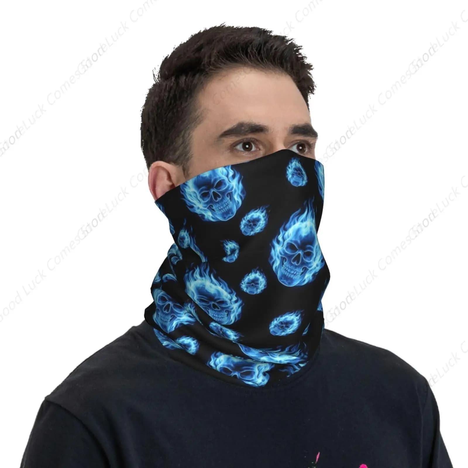 Unisex Neck Gaiter Fashion Tube Scarf for Hunting, Hiking, Running, Fire Flaming Blue Cool Skull Windproof Breathable