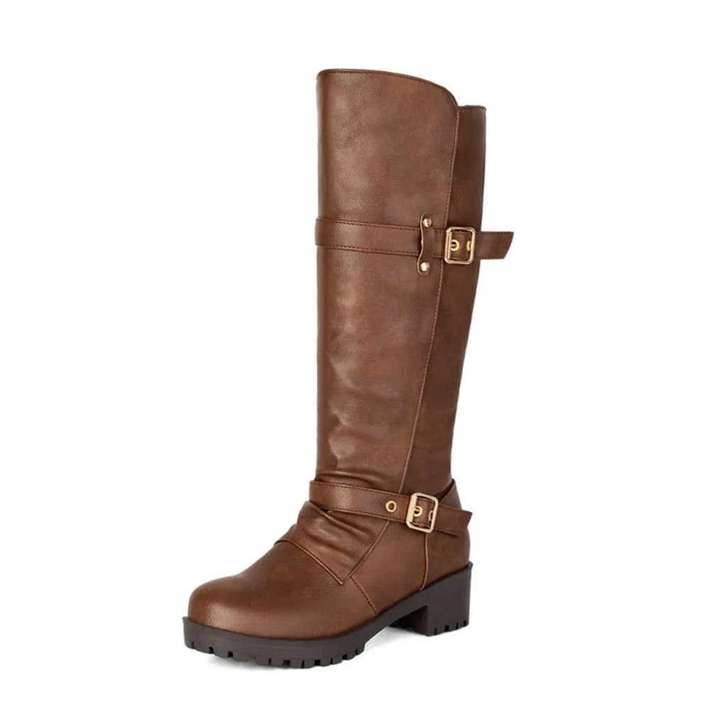 Women Fleece Lined Knee High Boots 4.5cm Block Heel Double Buckle Slouch Tall Boots Plus Size 35-45 T92