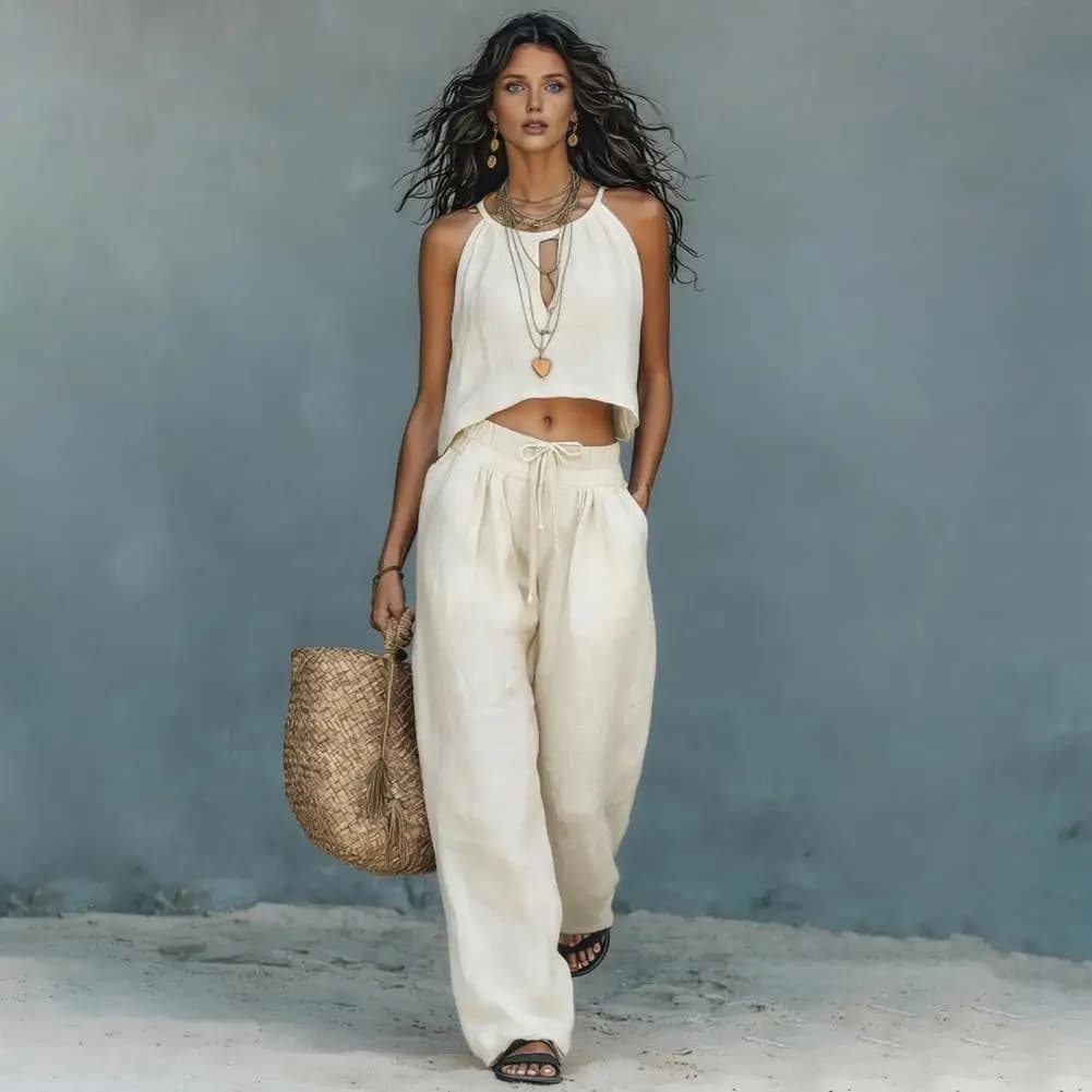 Women Outfit Women’s Crop Tank Top Wide Leg Pants Set Summer Matching Outfit Travel Vacation Lounge Two-piece Ensemble