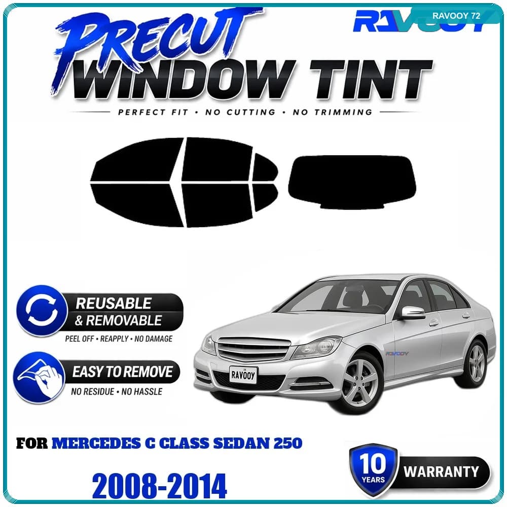 RAVOOY Precut Window Tint, Reusable Removable EPU Film, Custom Fit for Mercedes C Class Sedan 250 2008-2014, UV Heat Protection