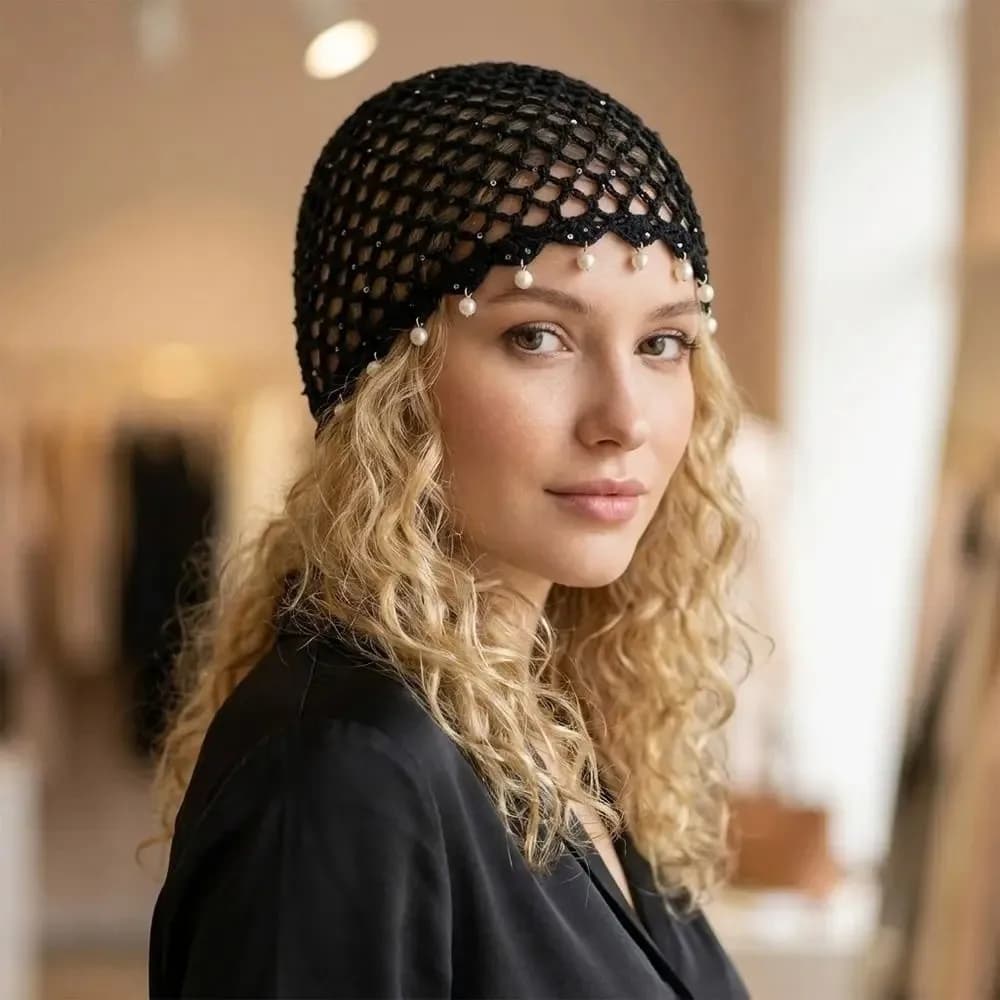 Cute Beads Tassels Crochet Hollow Knitted Hat Hollow Out Thin Knit Beanies Korean Handmade Weave Cap Outdoor