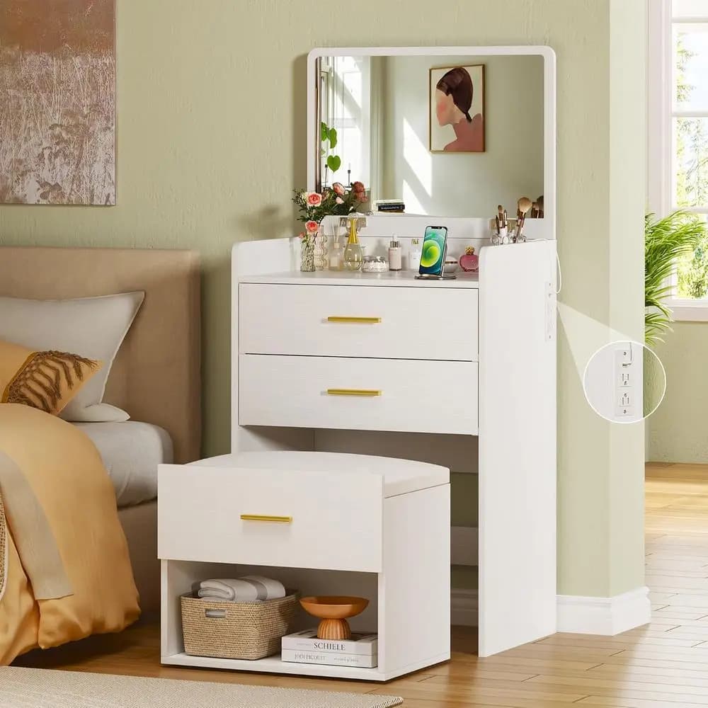 3-in-1 Vanity Desk with Flip-Up Mirror, Storage, and Cushioned Chair for Girls' Bedroom, White