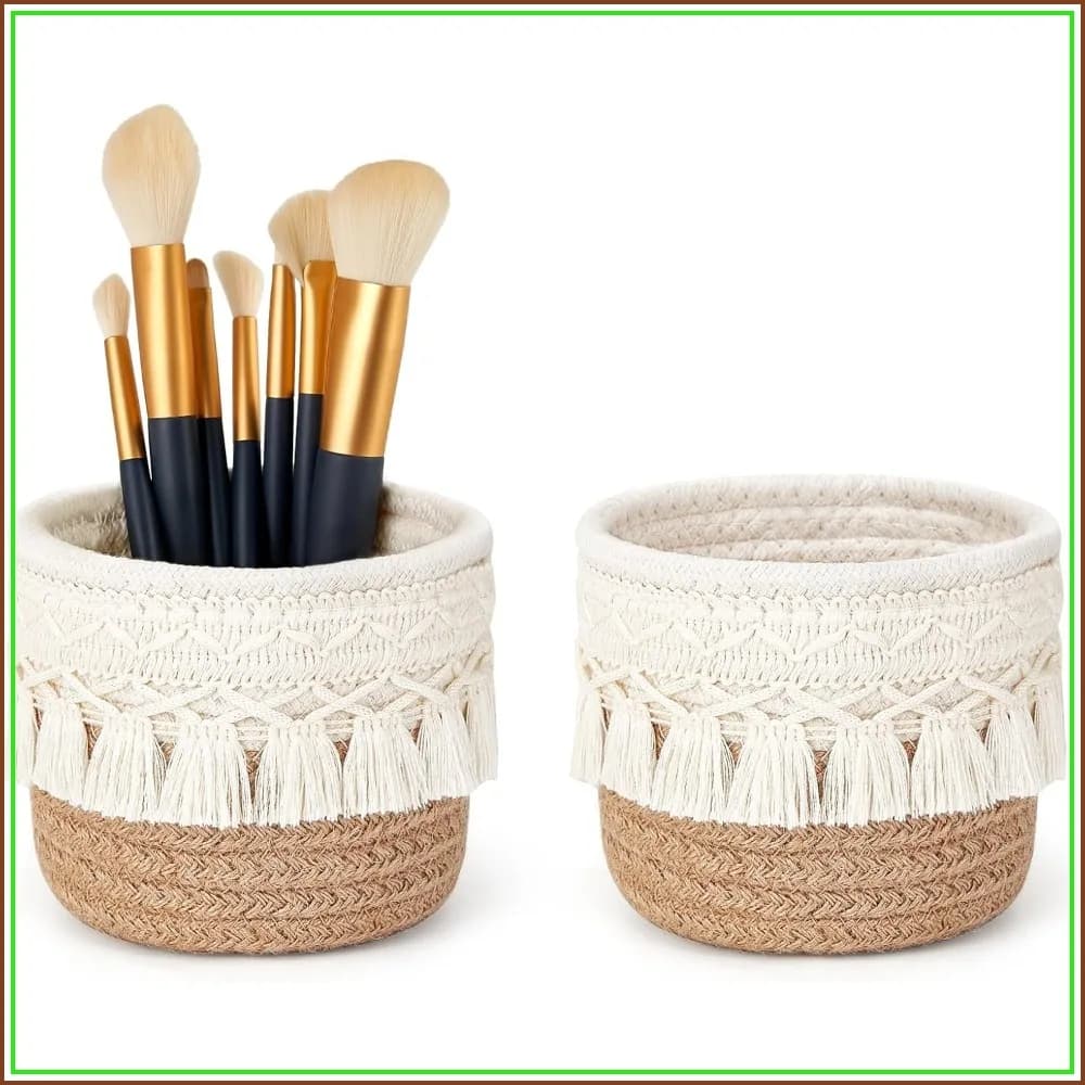 Macrame Makeup Brush Holder Organizer, Mini Storage Basket Set of 2, Boho Decor for Pen Pencil Box Container