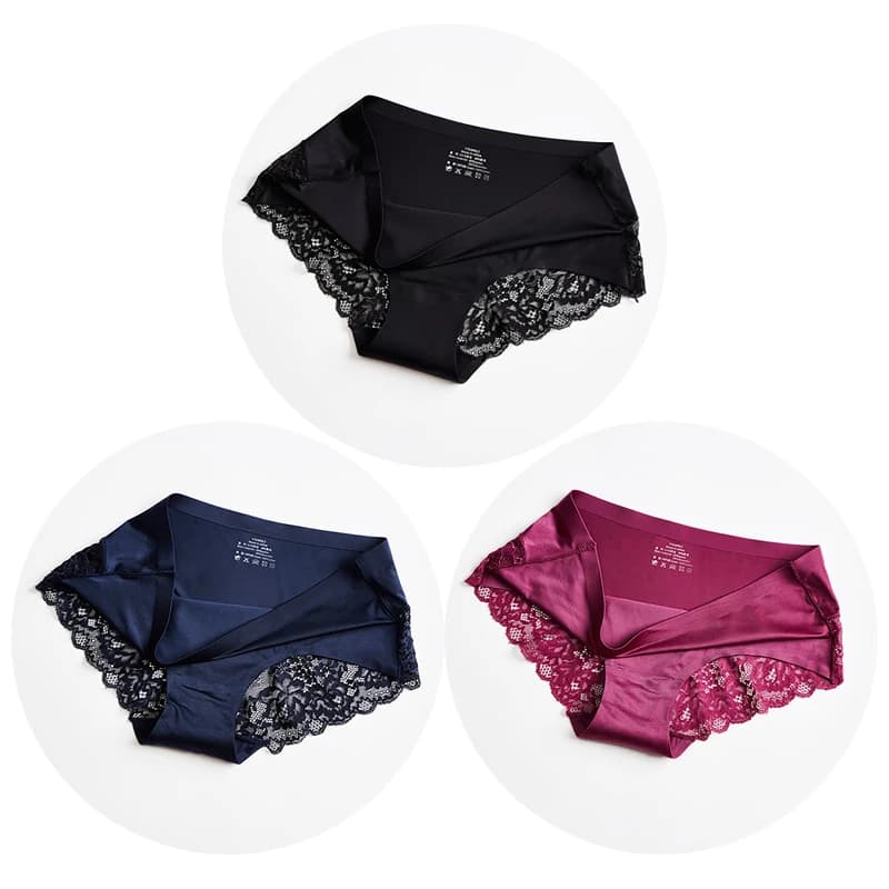 5PCS Set Women Ice Silk Seamless Panties Side Lace Briefs Sexy Satin Underwear Plus Size Soft Comfort Ladies Underpants 084