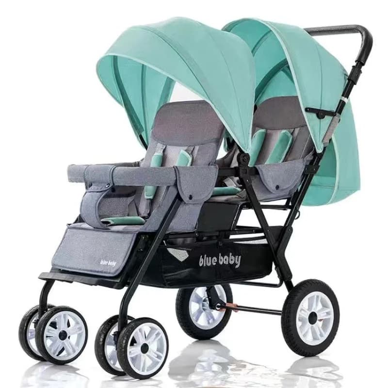 Passeggini gemellari pieghevoli portatili con seduta e posizione sdraiata, doppio sedile anteriore e posteriore, per due bambini.