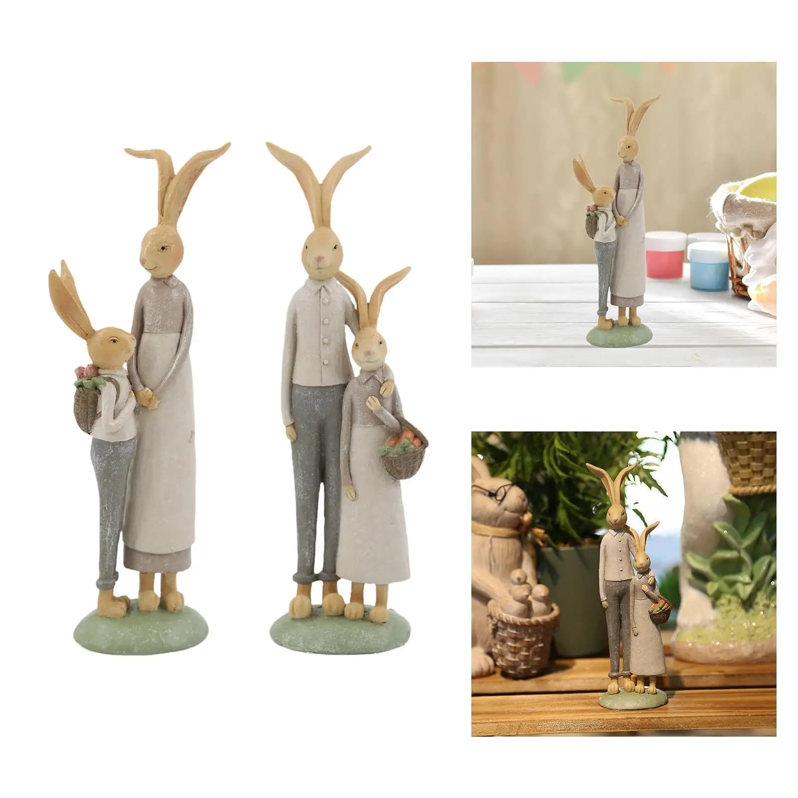 Resin statue of the family of Easter bunnies, table decoration for patio, balcony, garden