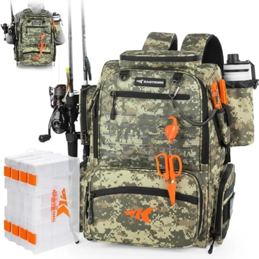 Zaino da Pesca Bait Boss con Portacanne - 4 Scatole Porta Attrezzi - Copertura Antipioggia 45/43L Ampio Spazio per Attrezzatura da Pesca in Nero