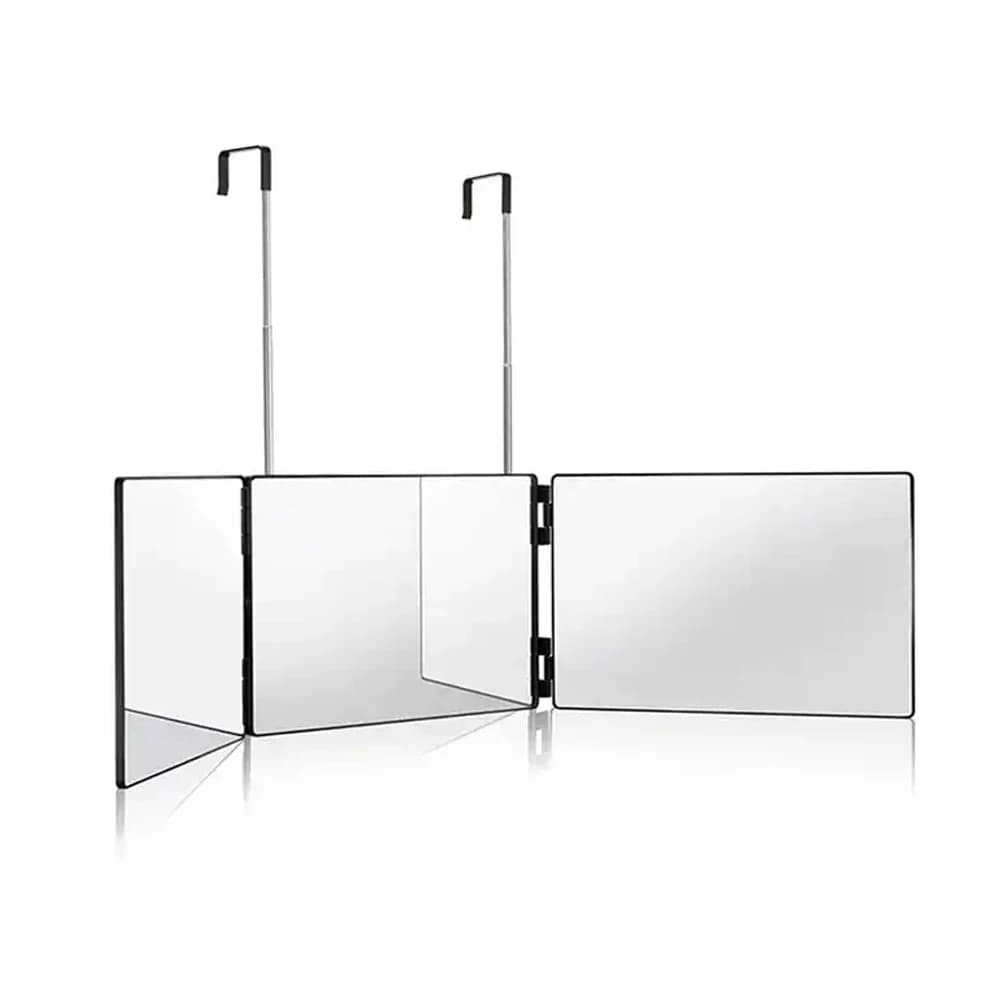 Specchio per Trucco Trifold 360° con Gancio Telescopico Regolabile in Altezza per Taglio Capelli, Specchio Cosmetico Portatile da Viaggio
