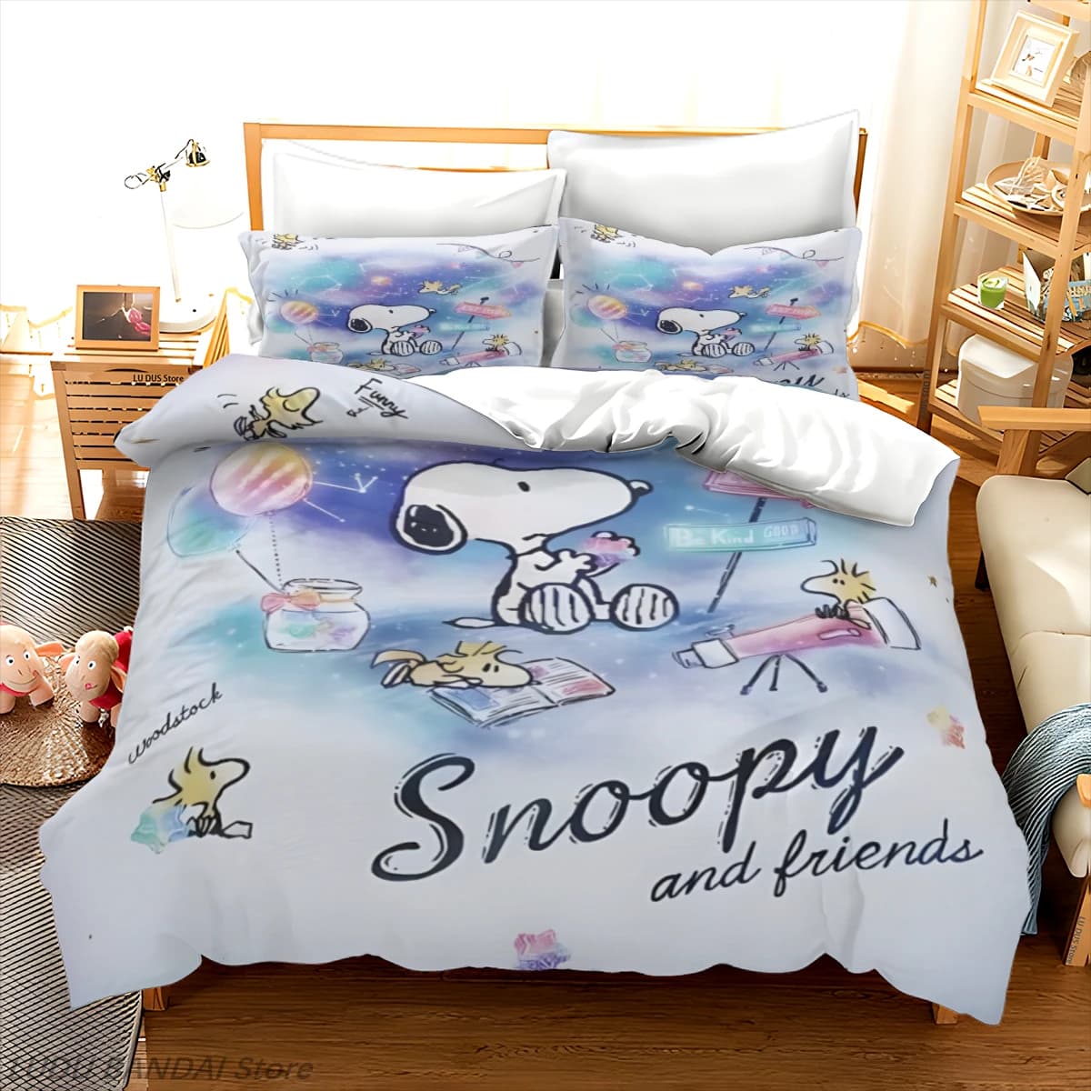 Set Copripiumino Snoopy, Set Biancheria da Letto Snoopy, Copripiumino di Lusso 3 Pezzi in Poliestere, Decorazioni Natalizie, Stampa Cartone Animato Carino per la Casa