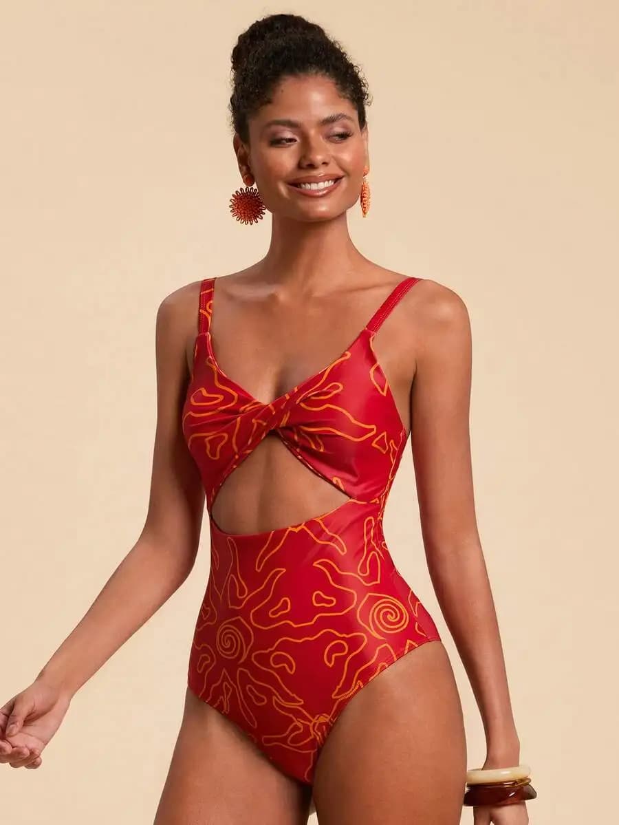 Costume intero da donna rosso con stampa grafica e vita intrecciata con dettagli traforati