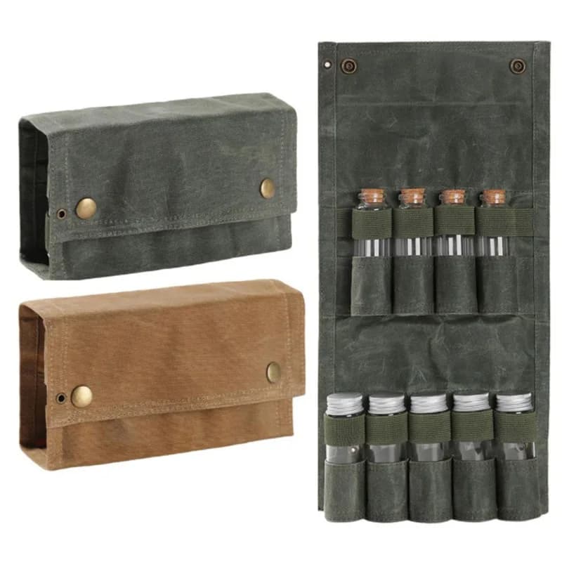 Portable Foldable Canvas Spice Kit Organizer Waterproof Camping Accessories for Hiking Picnic BBQ with 6 Spice Containers