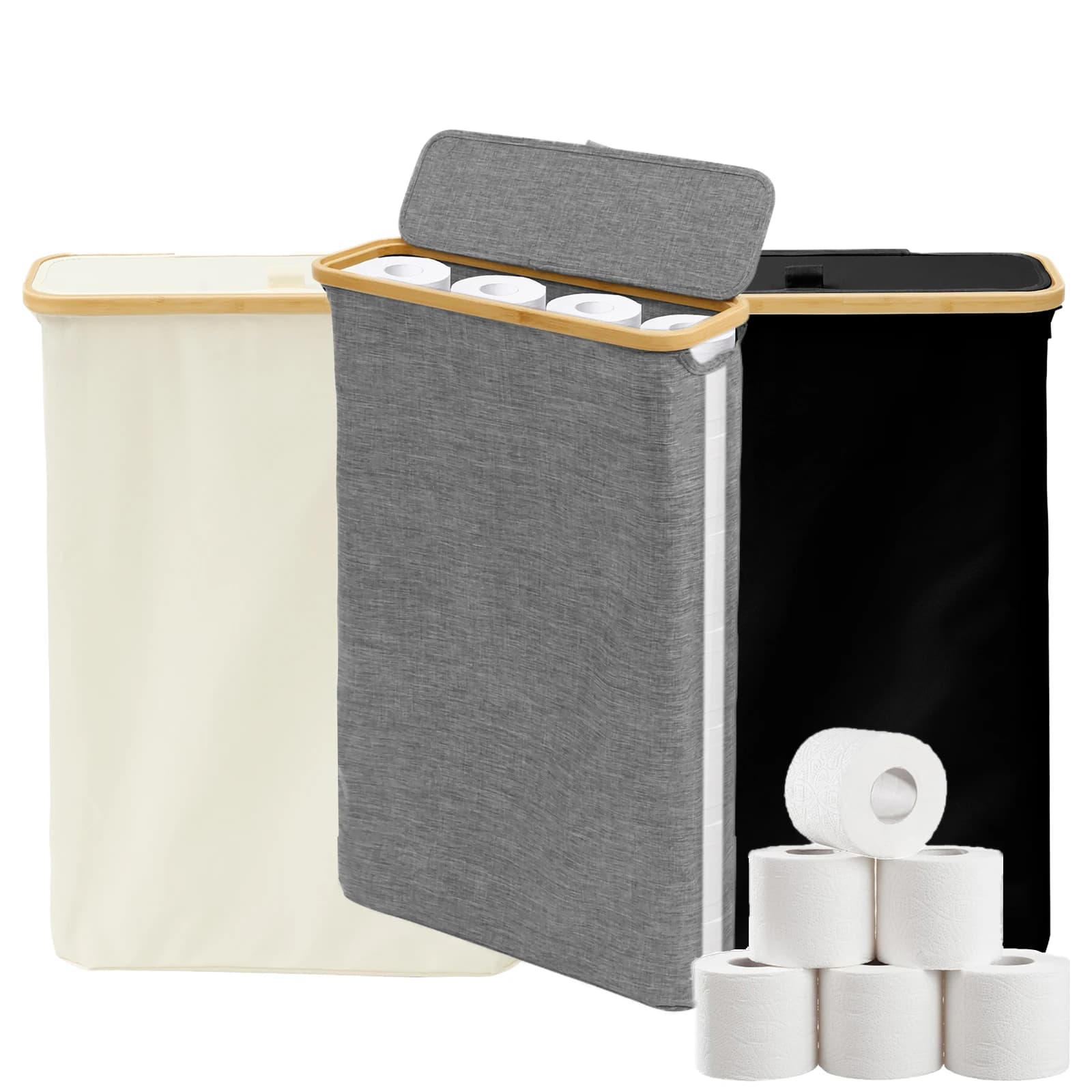 40L Toilet Paper Basket Bathroom Storage Box with Bamboo Lid Large Capacity Foldable Waterproof Tissue Organization Box
