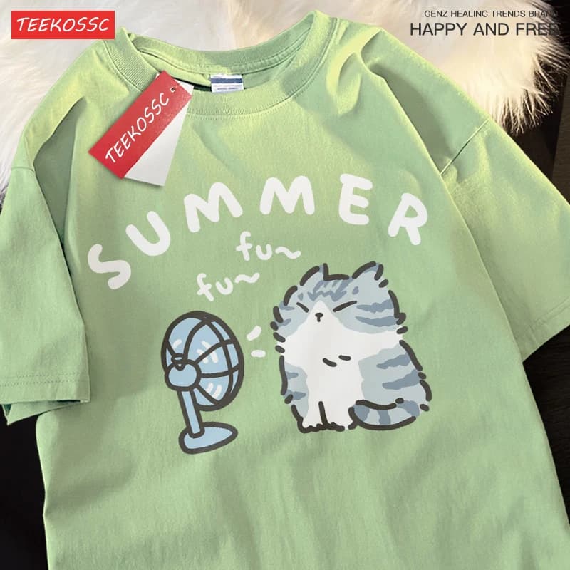 Hair Dryer Fan Cat Fun Summer Milk Blue Trendy Brand 100% Cotton Neutral Style Print Summer Short Sleeved T-shirt For Men Women