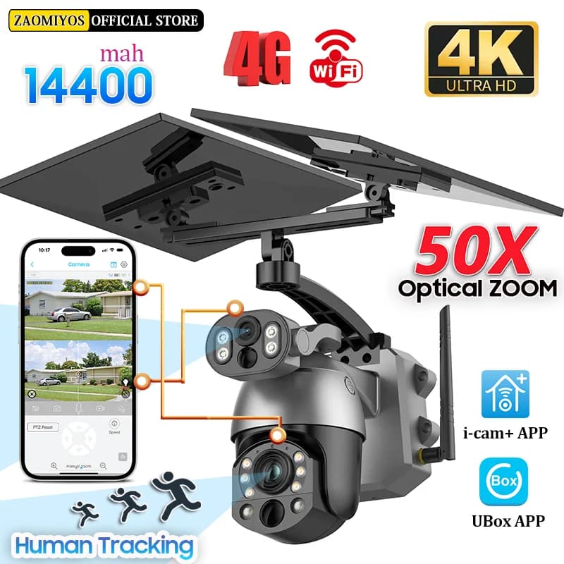 Solar camera 4K 50X ZOOM 10MP 4G SIM 360 ° IP camera Security CCTV with battery WIFI for night vision PIR with human tracking for outdoors